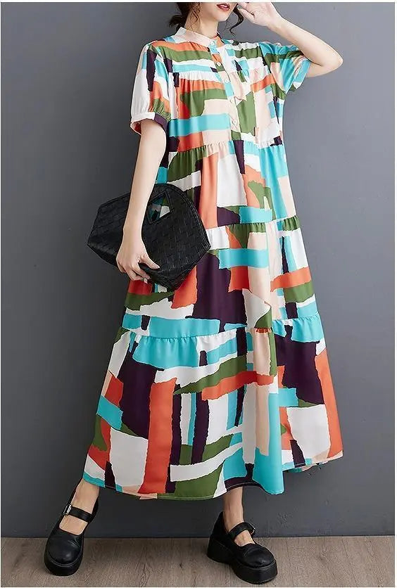 [Large size] Women's long dress, spring, summer, autumn, new, short sleeves