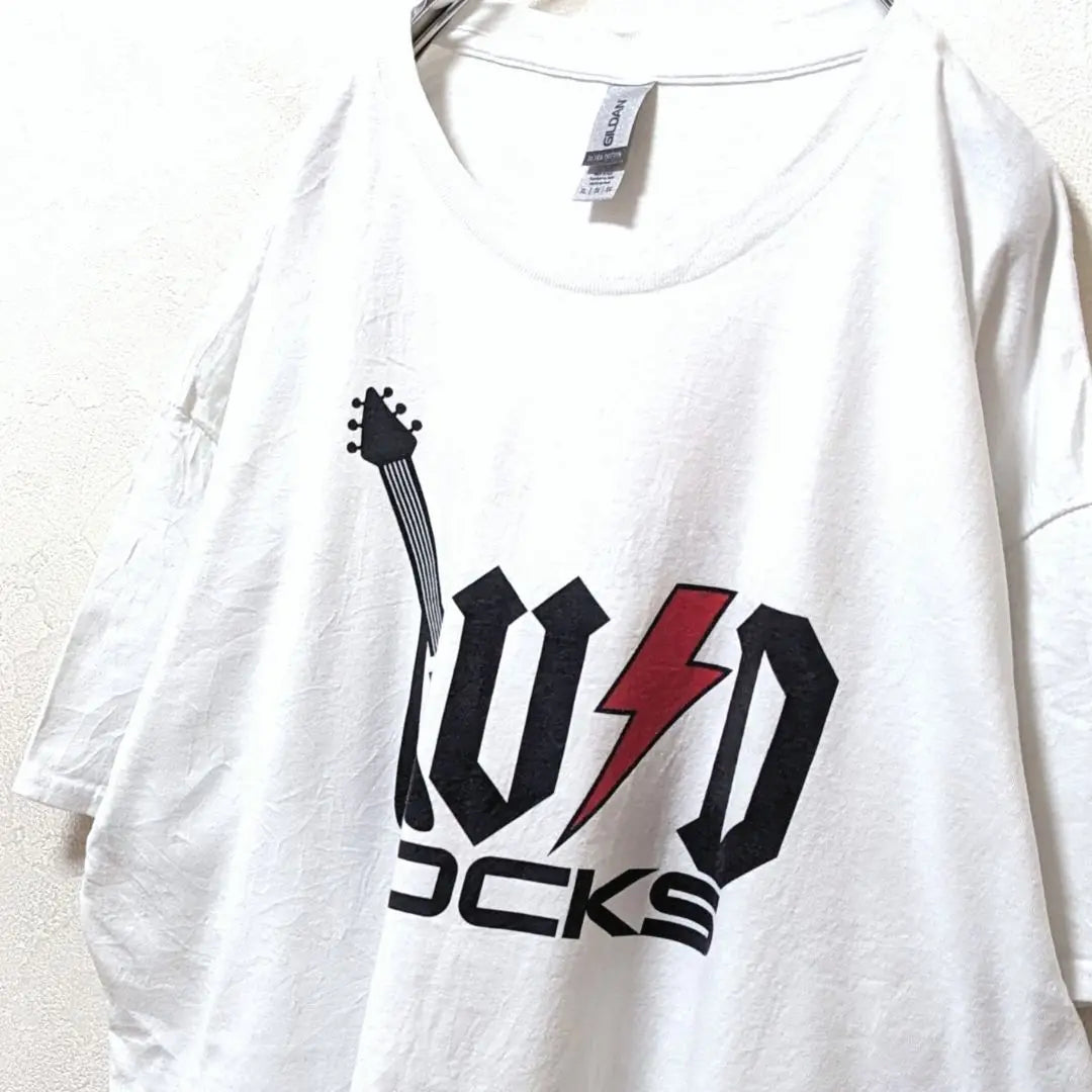 Gildan Rock Logo T-shirt White White XL Vintage