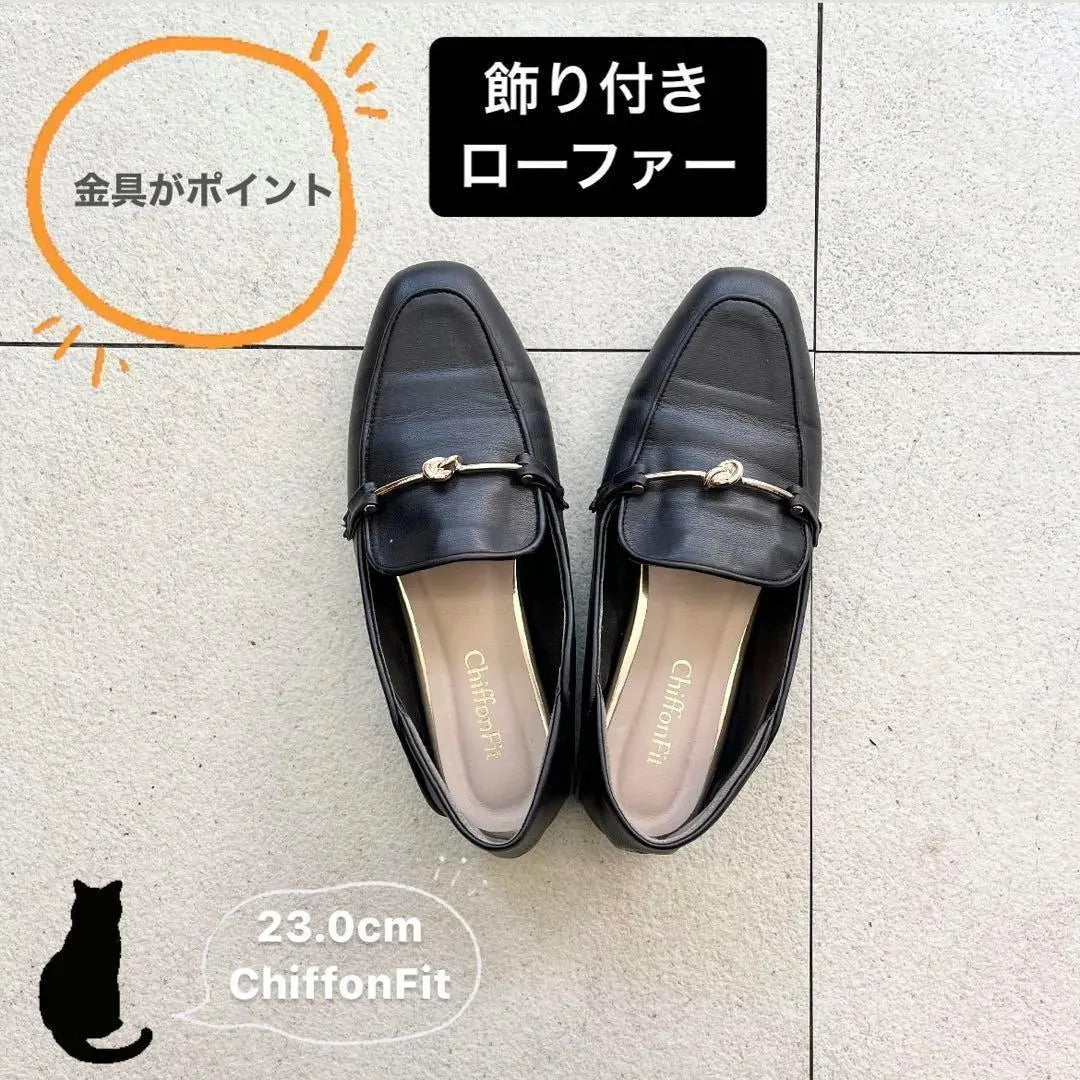 [With metal fittings] Decorative loafers, black, synthetic leather, soft, width narrow, 23.0cm