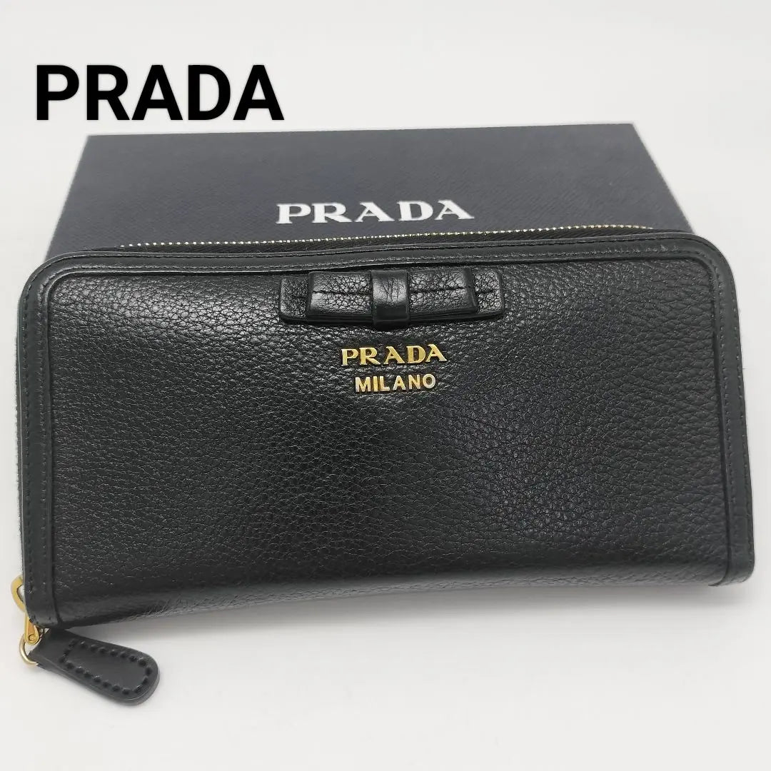 Beautiful condition ✨Prada Long Wallet Round Zipper Ribbon Leather Black Black