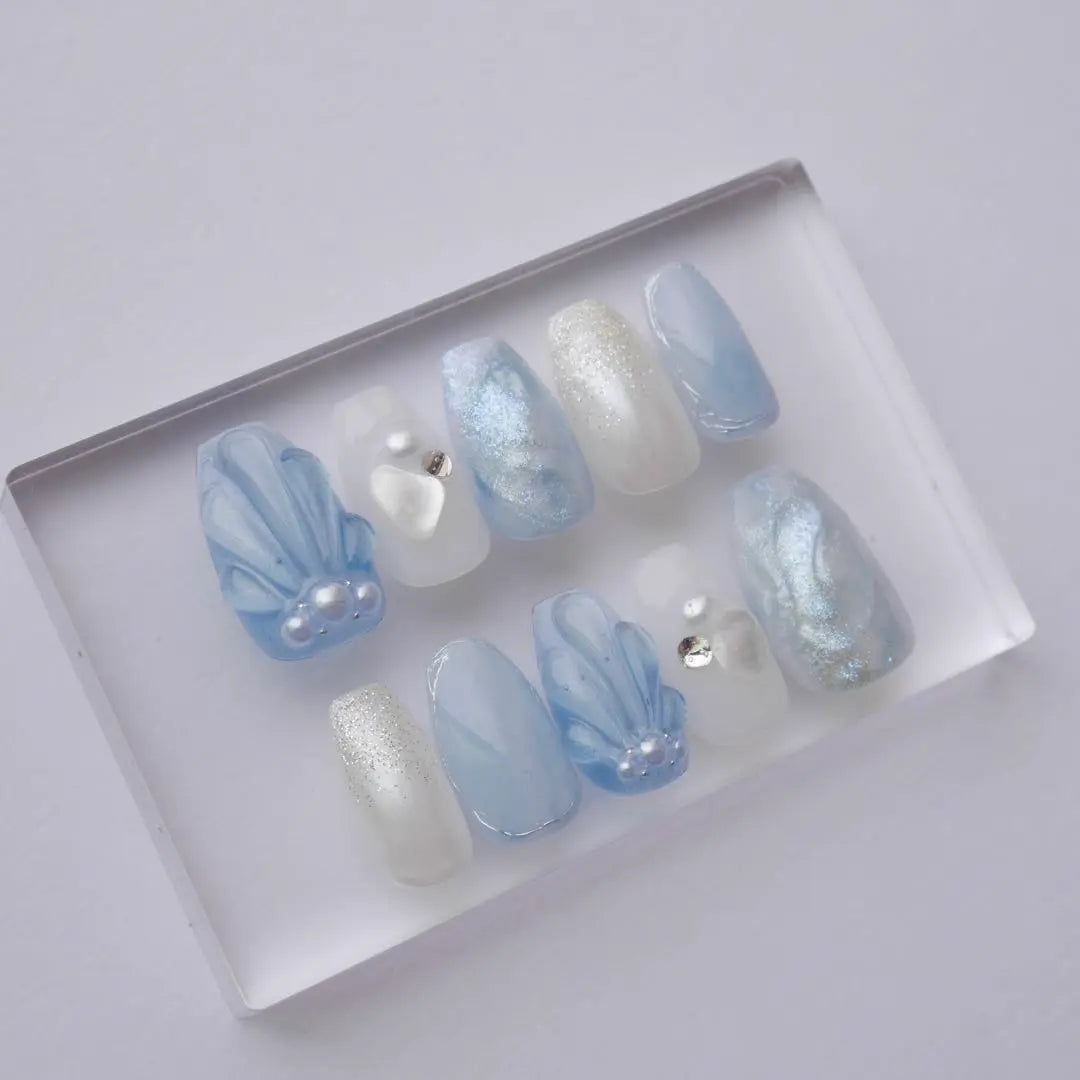 [Size Order] Nail Tip Mermaid Shells Summer Blue Light Blue Plump Sea