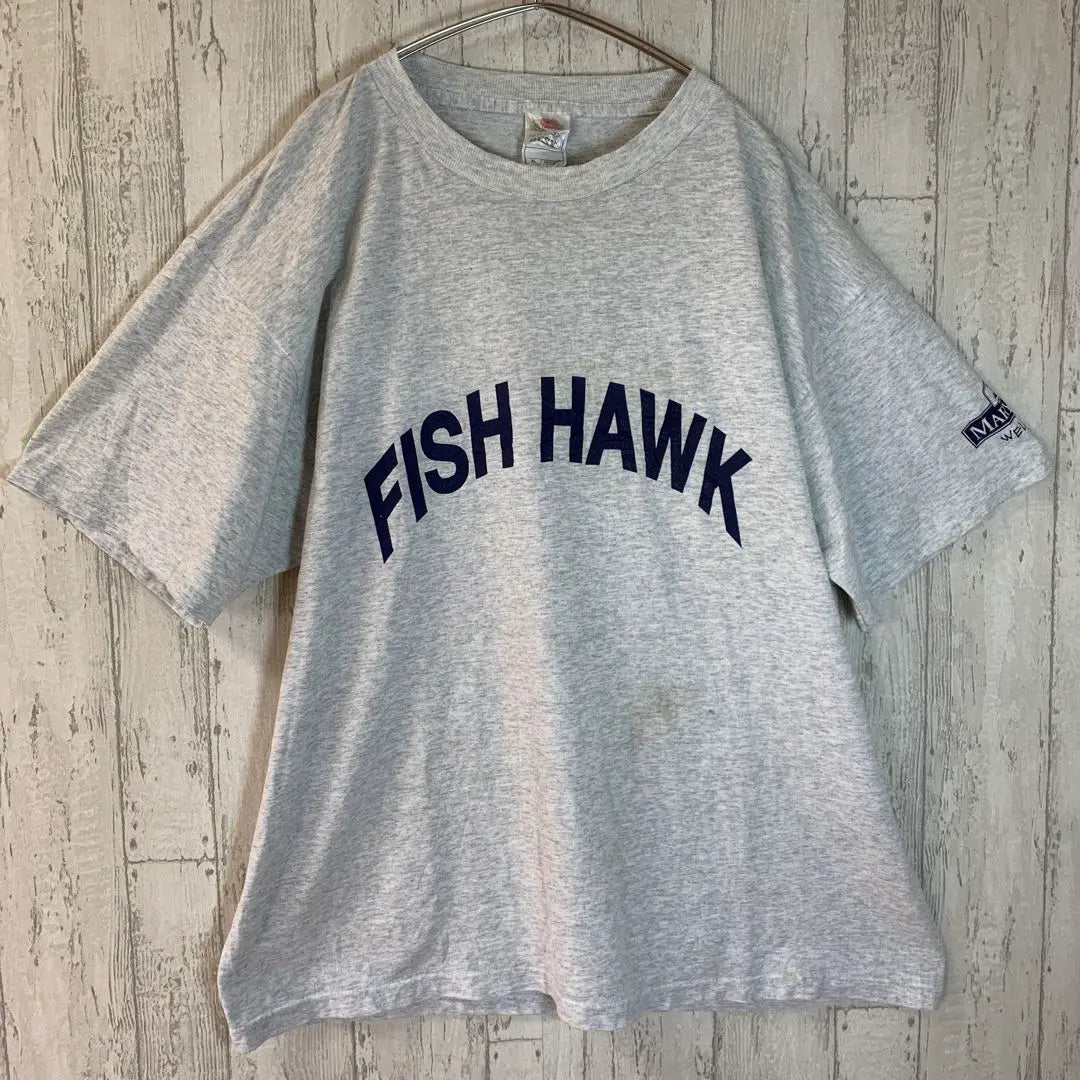 American old clothes of the room short sleeve FISH HAWK print T -shirt