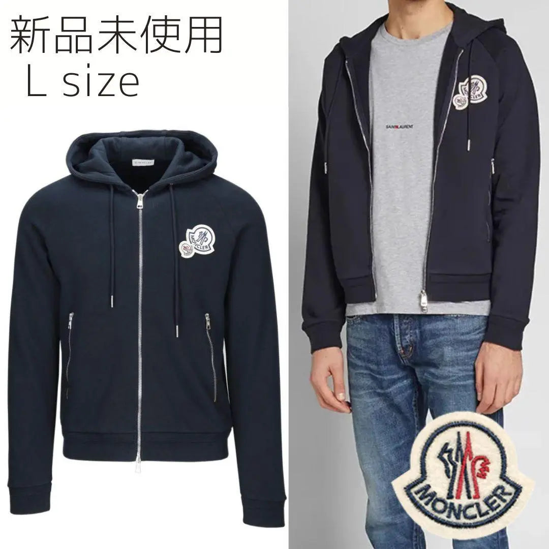 [Nueva y sin usar] Sudadera con capucha y cremallera con logotipo doble MONCLER L Color azul marino