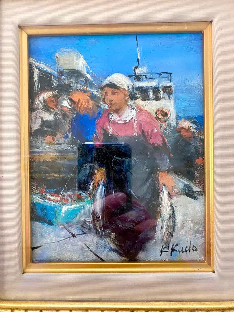 ¡Raro! Pintura al óleo de Kudo Kazuo F0 "Puerto matutino"