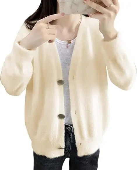 ⭐Special price❗Fluffy V-neck cardigan, plain knit cardigan, red