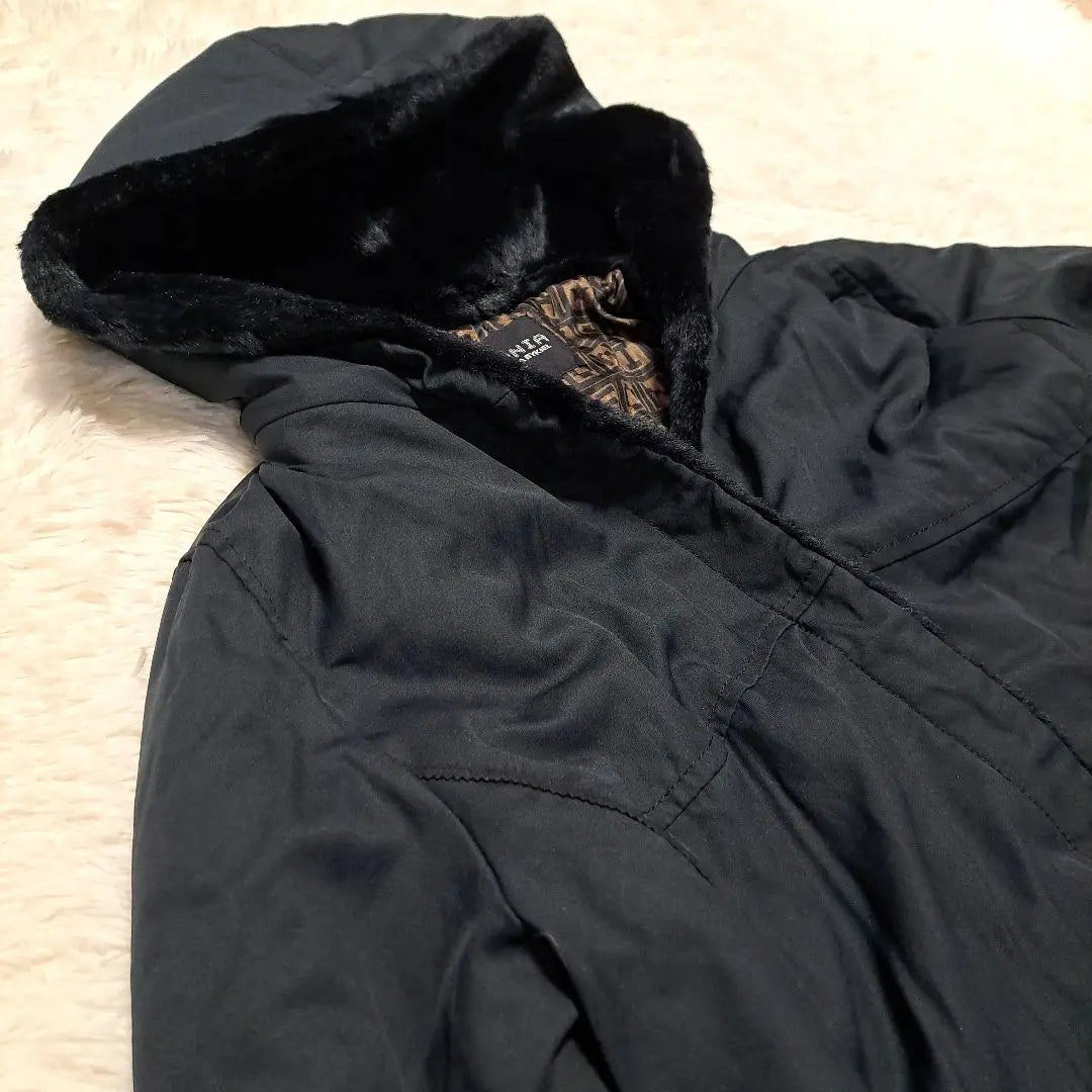 [5L] Sonia Rykiel Onward Kashiyama Boa Hooded Long Coat Black