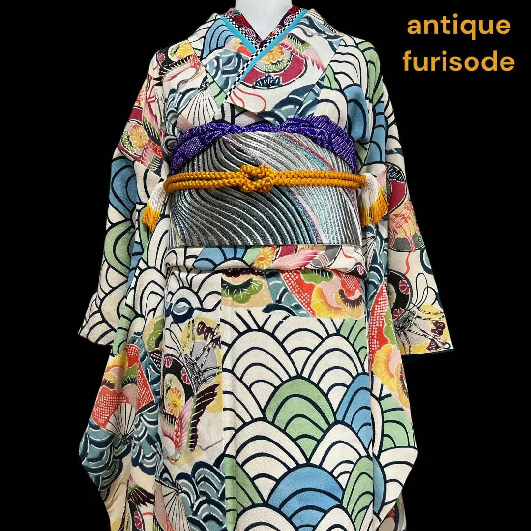 (A694)Ripe-shaped dyed antique furisode ㊗️Aoumiha crane pine pattern fan drum ✨Obi set