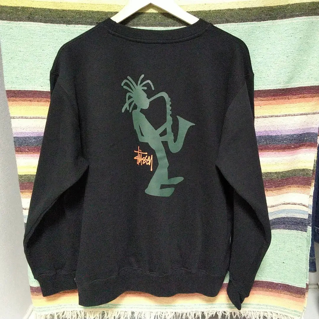 90s old stussy sweatshirt made in USA navy tag shadow jazzman