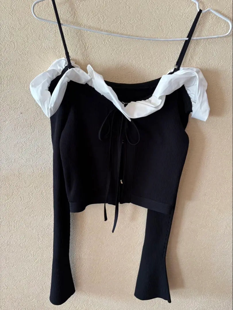 Snidel Ribbon Tie Top with Ruffles Black/White