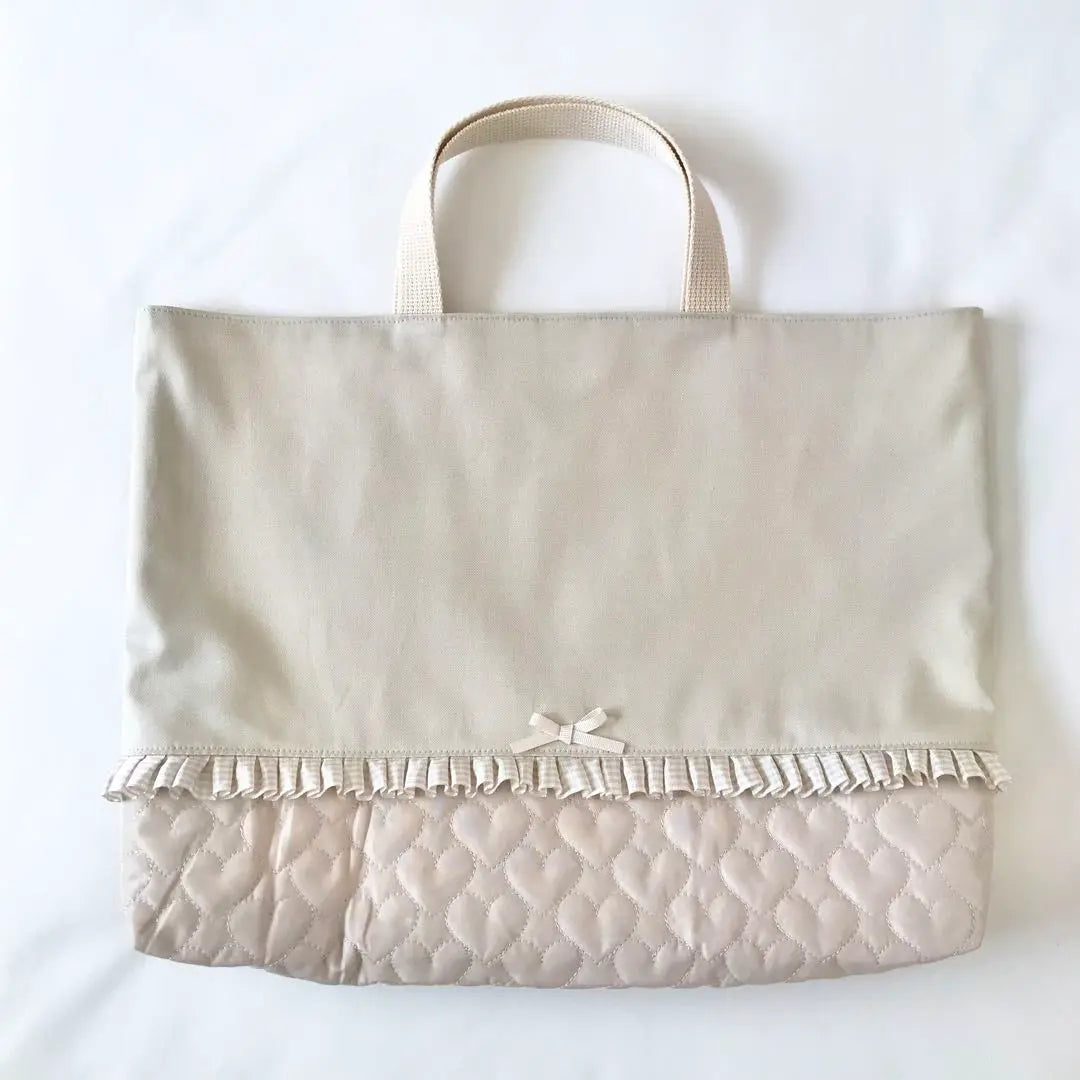 Entrance admission 3 -piece set Changing bag L heart quilting beige frill | 入園入学　3点セット　お着替え袋Ｌ　ハートキルティング　ベージュ　フリル