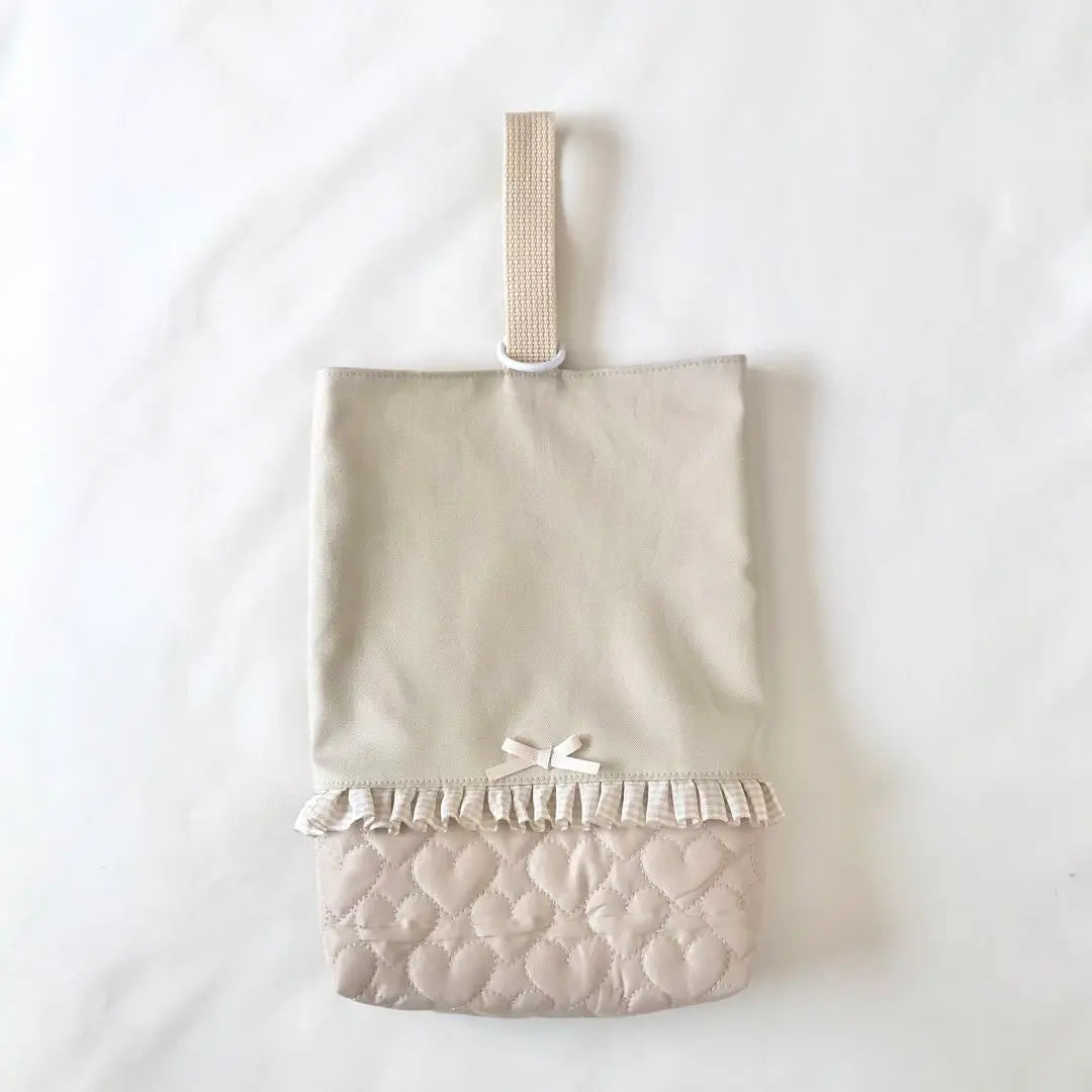 Entrance admission 3 -piece set Changing bag L heart quilting beige frill | 入園入学　3点セット　お着替え袋Ｌ　ハートキルティング　ベージュ　フリル