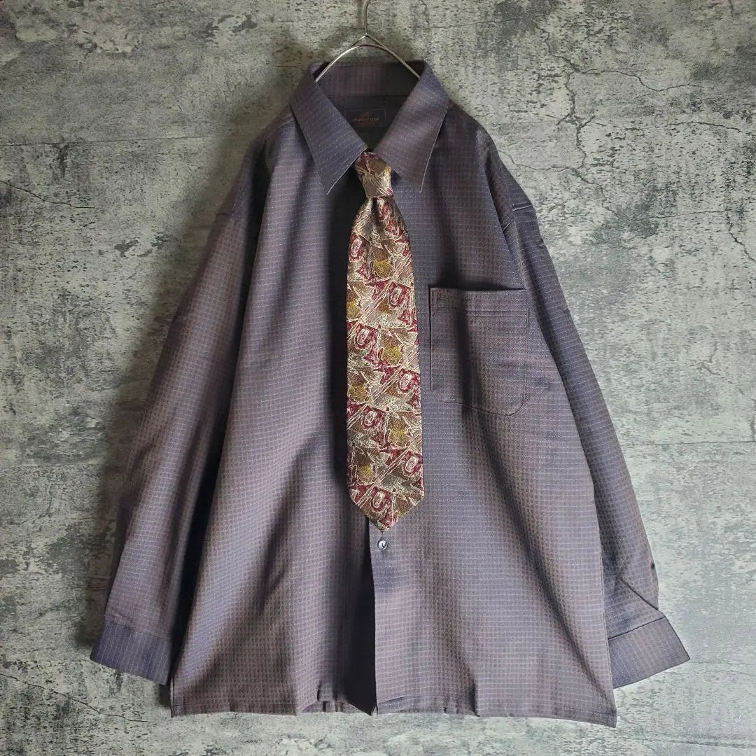 [Tie shirt] Vintage silk, all-over pattern, iridescent, purple, blue, brown, retro