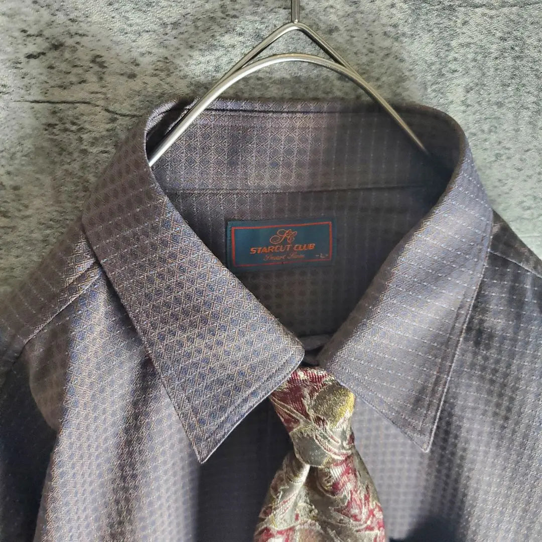 [Tie shirt] Vintage silk, all-over pattern, iridescent, purple, blue, brown, retro