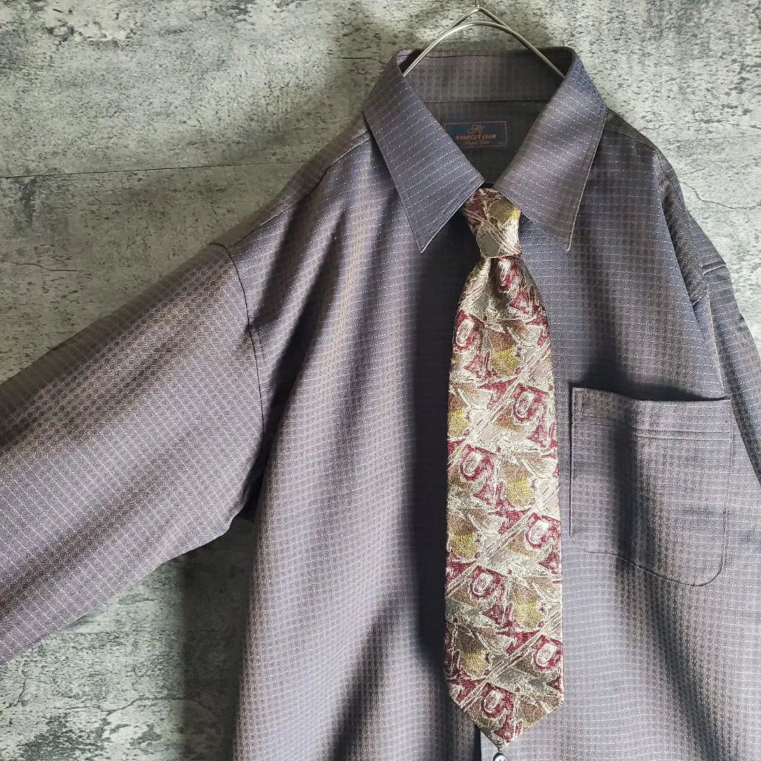 [Tie shirt] Vintage silk, all-over pattern, iridescent, purple, blue, brown, retro