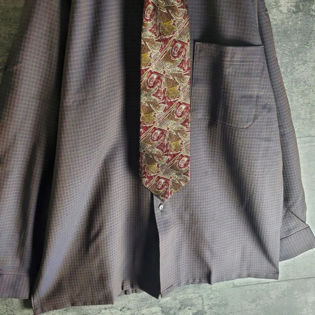 [Tie shirt] Vintage silk, all-over pattern, iridescent, purple, blue, brown, retro