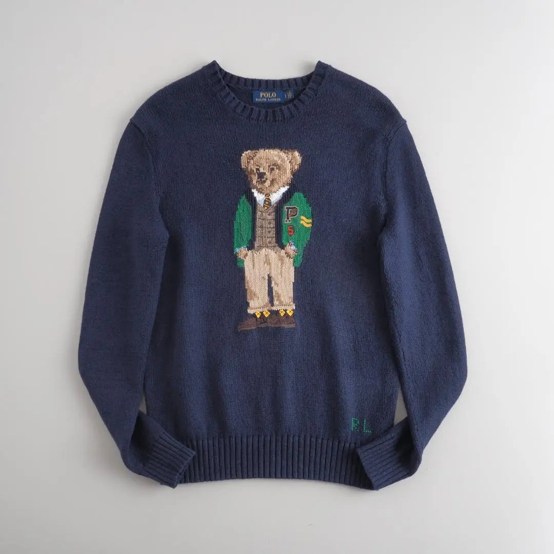 Ralph Lauren 100% cotton knit sweater polo bear navy good condition