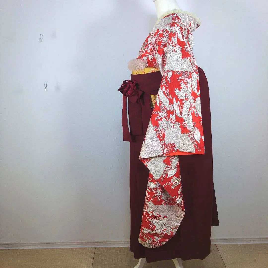 Conjunto completo de hakama, furisode, en perfecto estado, hakama de mujer, rojo, rojo, volantes, ceremonia de graduación, estudiante universitaria