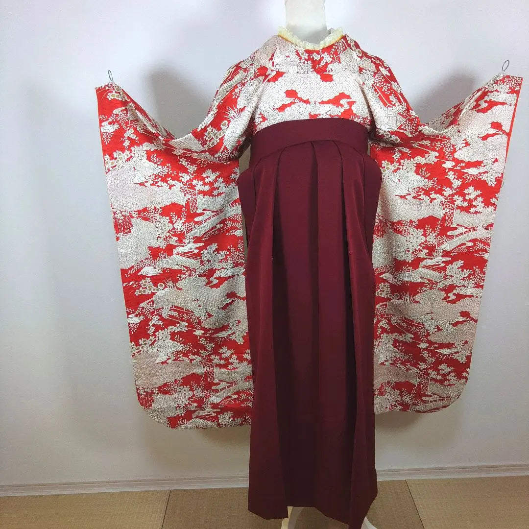 Conjunto completo de hakama, furisode, en perfecto estado, hakama de mujer, rojo, rojo, volantes, ceremonia de graduación, estudiante universitaria