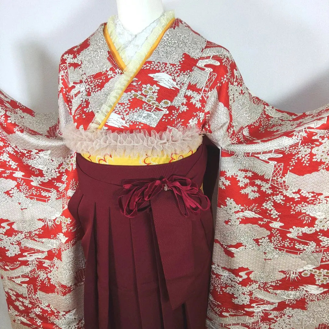 Conjunto completo de hakama, furisode, en perfecto estado, hakama de mujer, rojo, rojo, volantes, ceremonia de graduación, estudiante universitaria