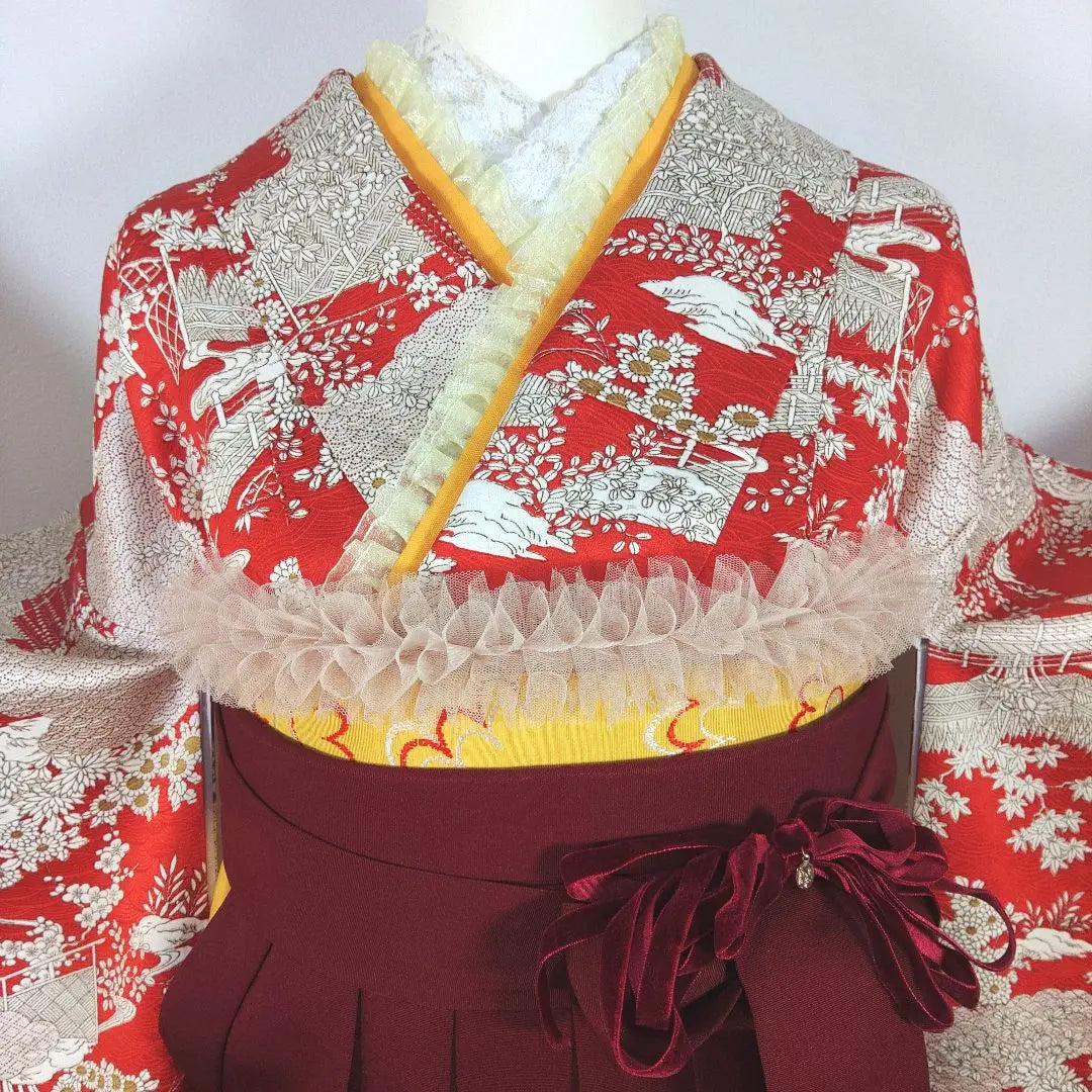 Conjunto completo de hakama, furisode, en perfecto estado, hakama de mujer, rojo, rojo, volantes, ceremonia de graduación, estudiante universitaria