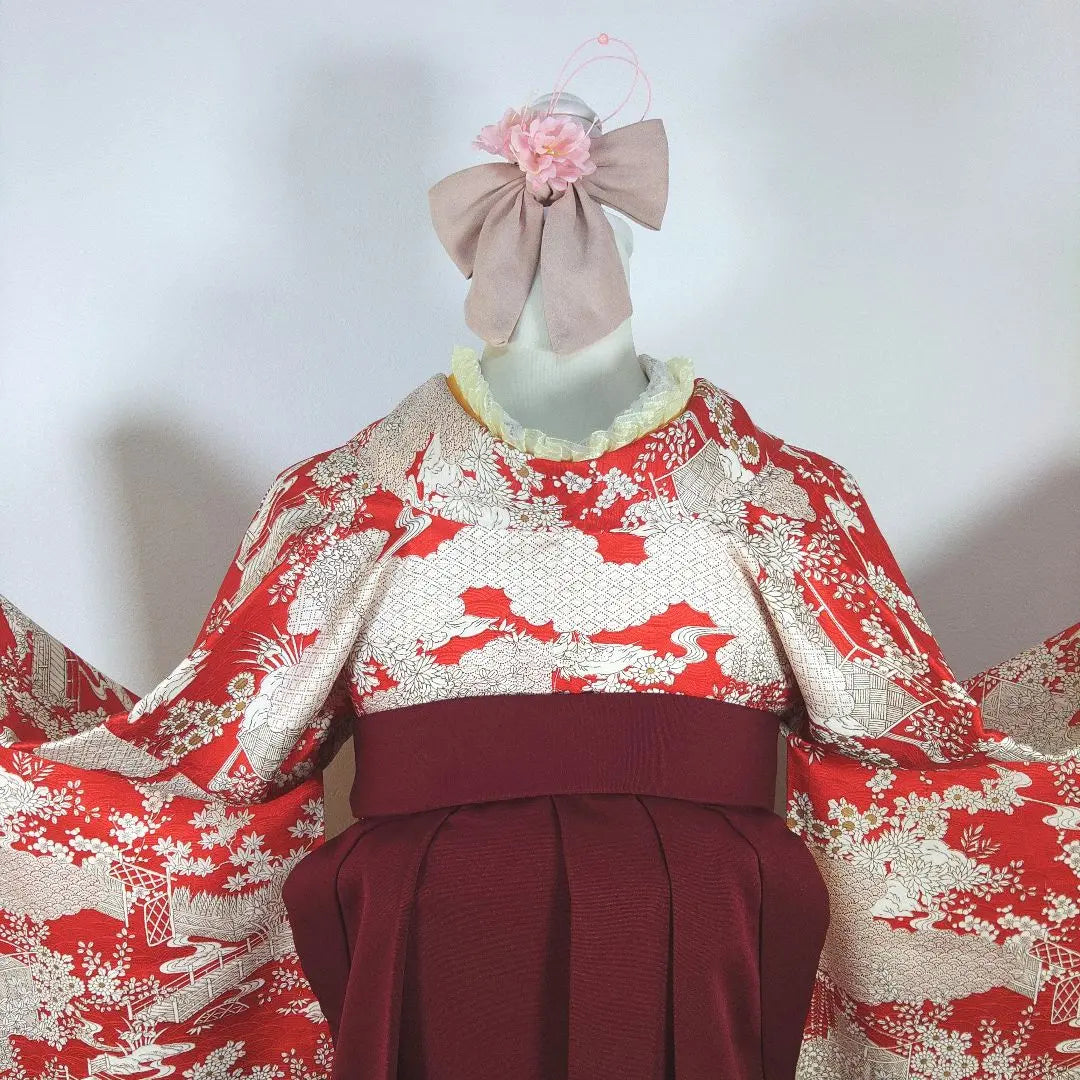 Conjunto completo de hakama, furisode, en perfecto estado, hakama de mujer, rojo, rojo, volantes, ceremonia de graduación, estudiante universitaria