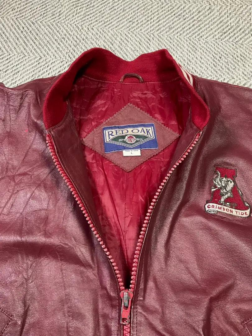 Chaqueta de cuero RED OAK ALABAMA Chaqueta de estadio roja de los años 90