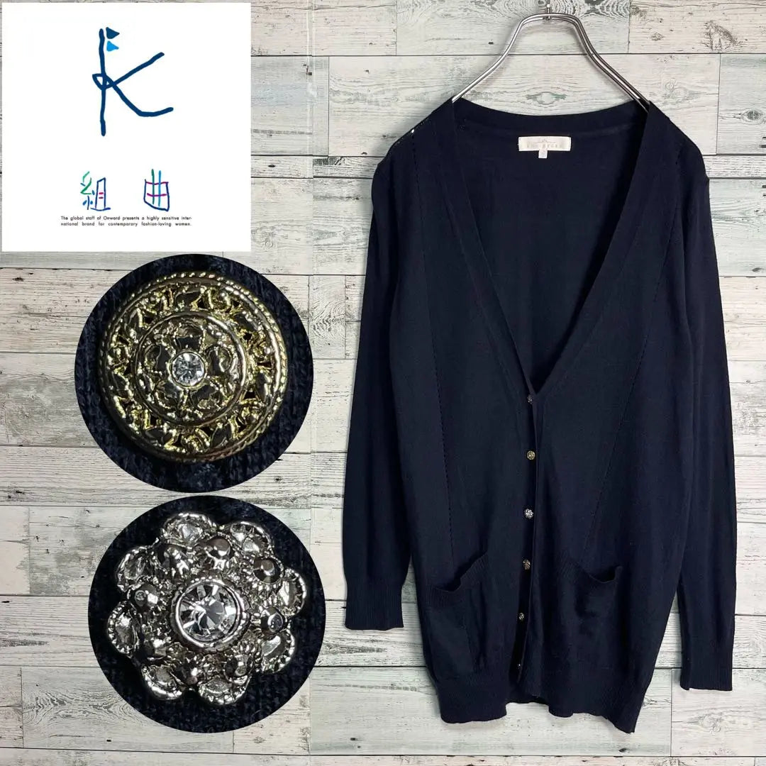 ☆Silk blend☆Suite V-neck knit cardigan Bijoux decoration button Navy