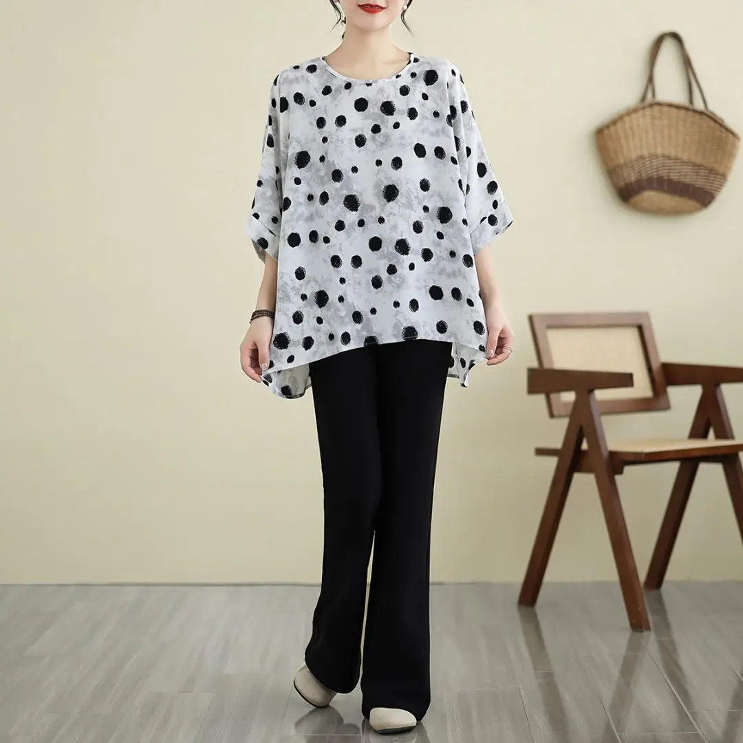 Oversized, color scheme, simple, T-shirt, chiffon, dot pattern, slimming, monochrome