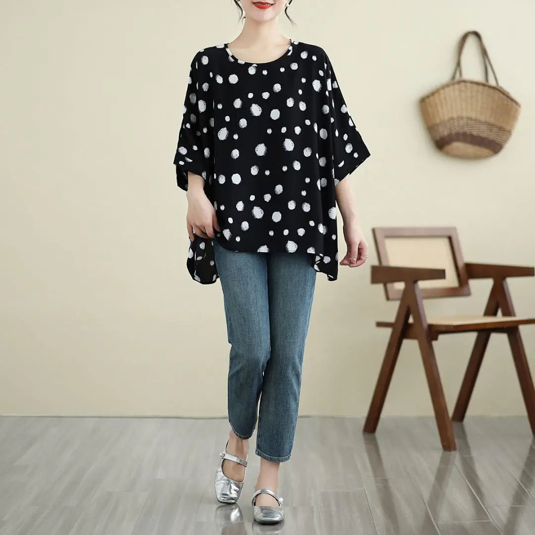 Oversized, color scheme, simple, T-shirt, chiffon, dot pattern, slimming, monochrome