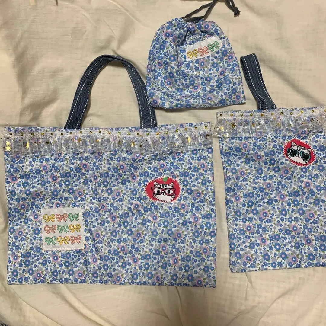 Floral tote bag, sub bag, drawstring set | 花柄トートバッグ・サブバッグ・巾着セット