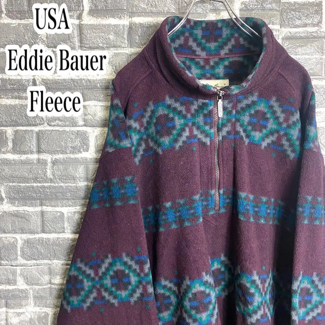 Eddie Bauer☆All-over pattern half zip fleece, used in Mexico 90s ed5. Rare