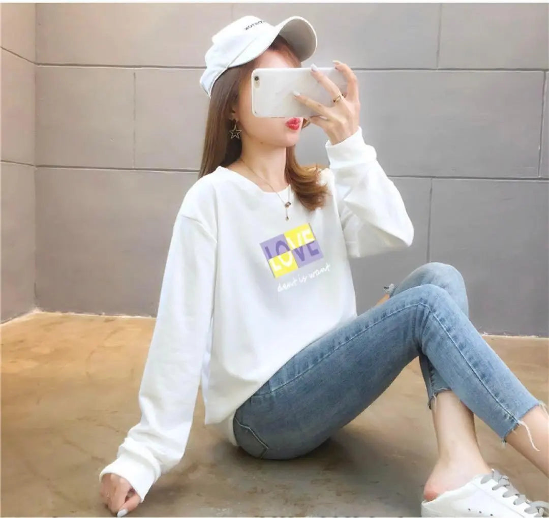 Long Sleeve Long T-Women's White Tops Loose Stylish XL Korean