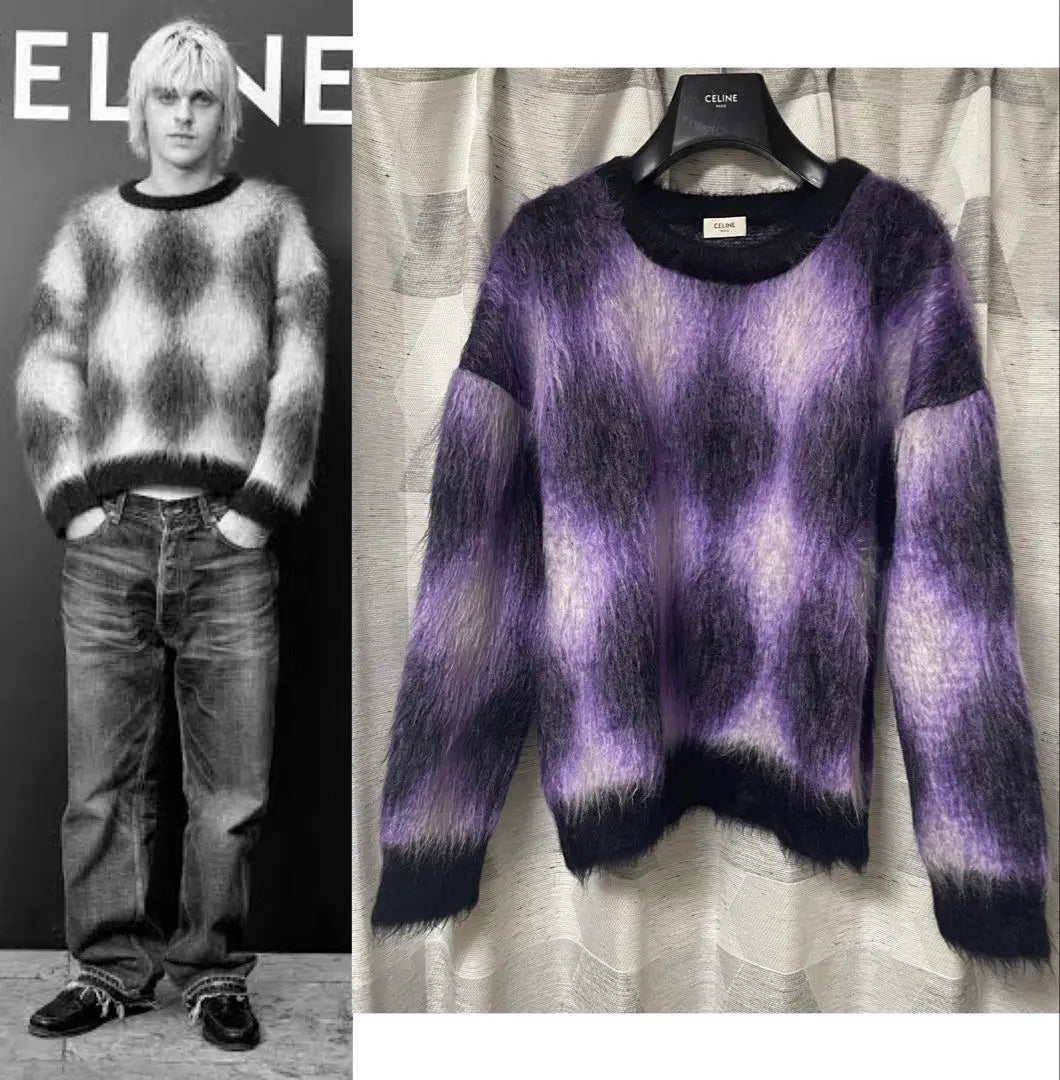 23SS Celine Oversized Argyle Mohair Knit S Sweater