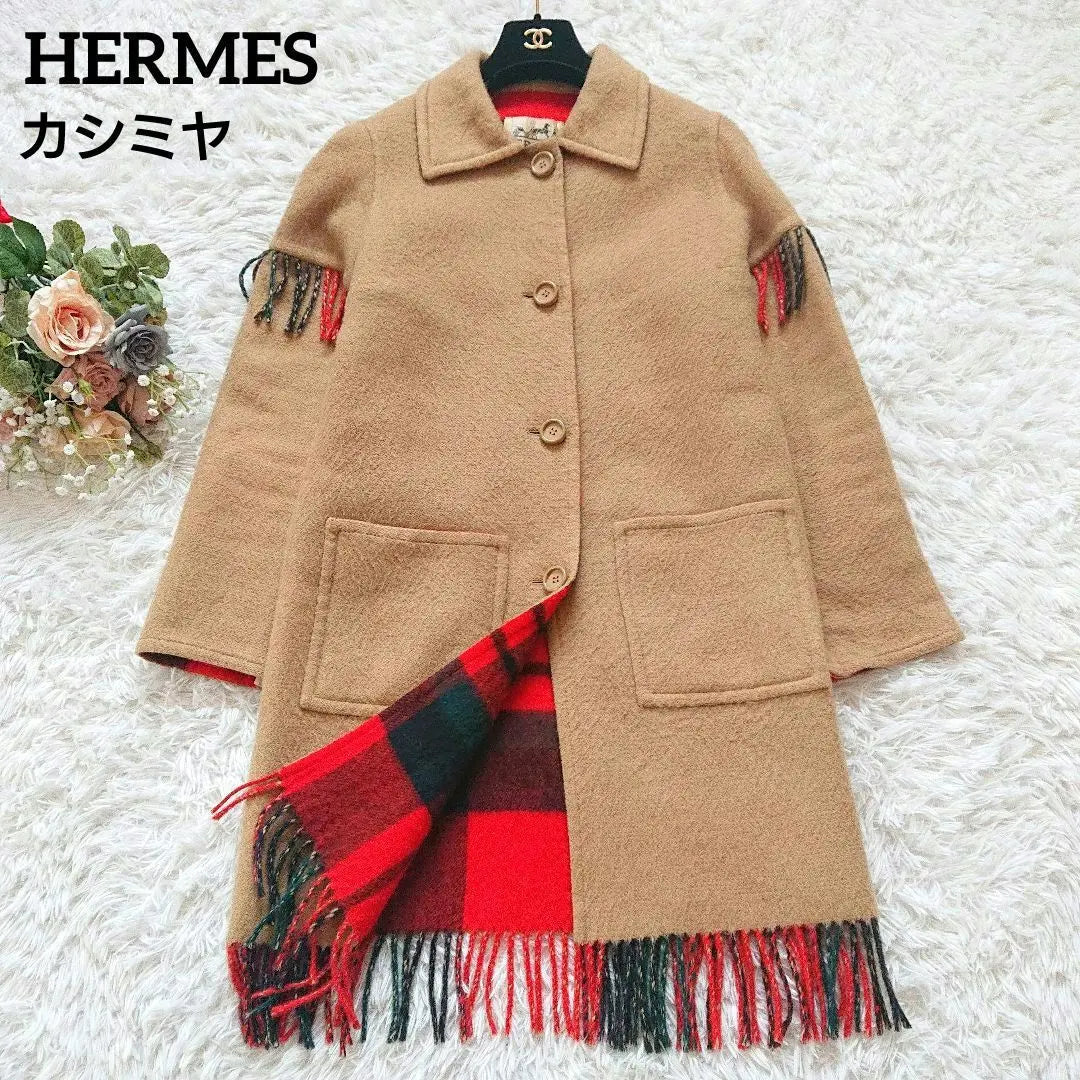 Rare Hermes cashmere fringe checkered river coat trench coat