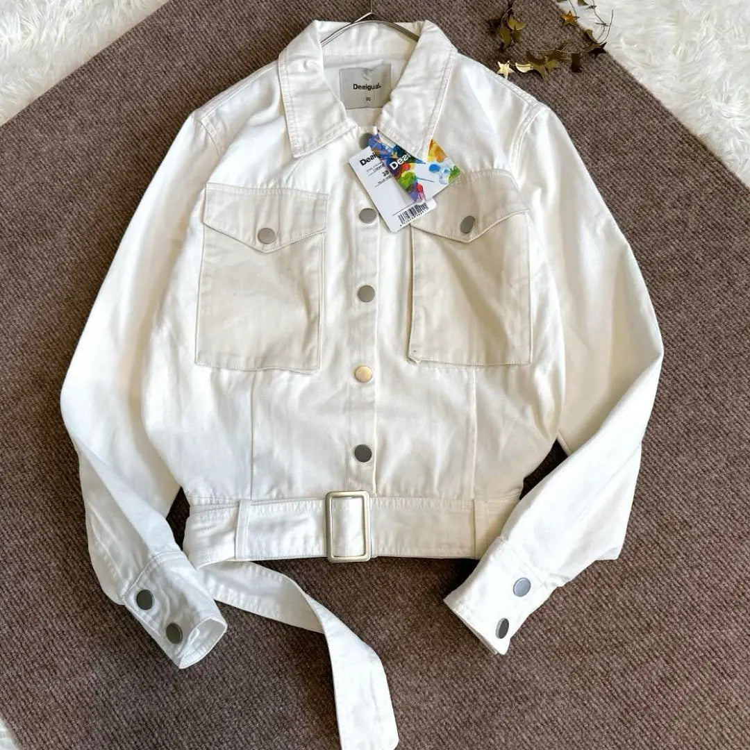 Nueva chaqueta de algodón con diseño de anillos Desigual ♡ con cinturón en color blanco 38