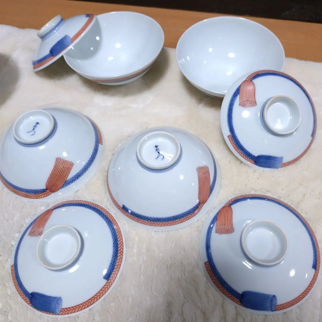 Living National Treasure [13th Imaizumi Imaemon] Nishiki, a picture of a string, a lidded tea bowl, 5 sets