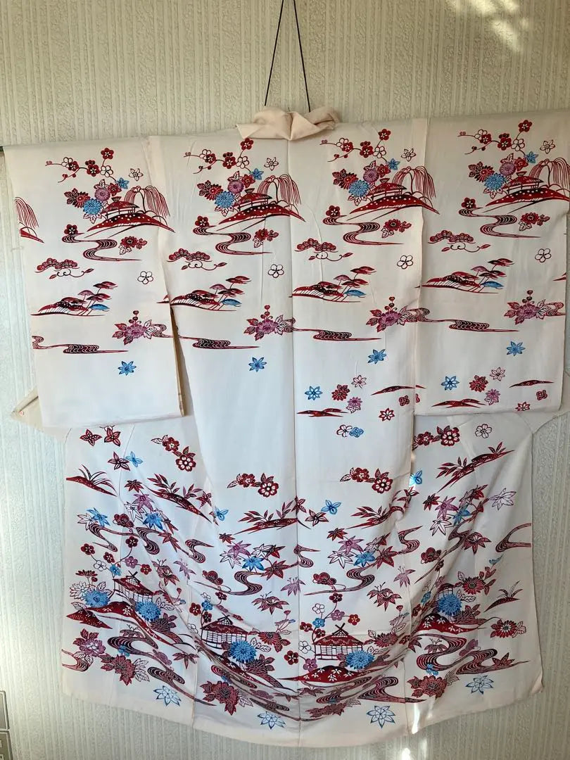 no.344 Medium furisode, untailored (temporary set up) Flowers, houses, river, autumn leaves pattern