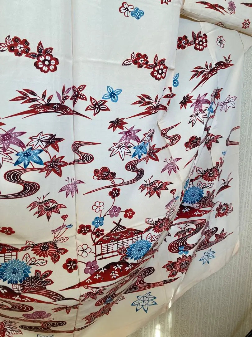 no.344 Medium furisode, untailored (temporary set up) Flowers, houses, river, autumn leaves pattern