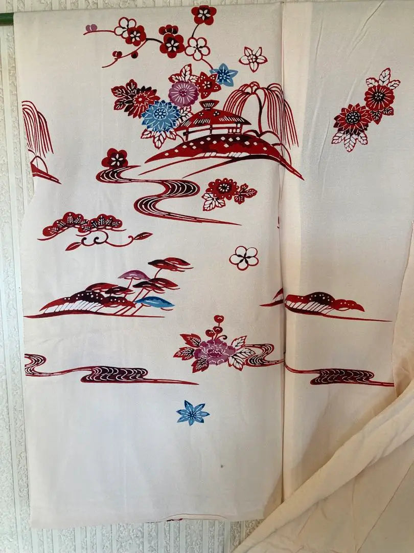 no.344 Medium furisode, untailored (temporary set up) Flowers, houses, river, autumn leaves pattern