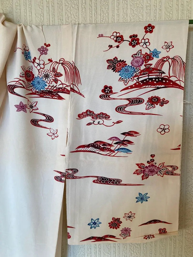 no.344 Medium furisode, untailored (temporary set up) Flowers, houses, river, autumn leaves pattern