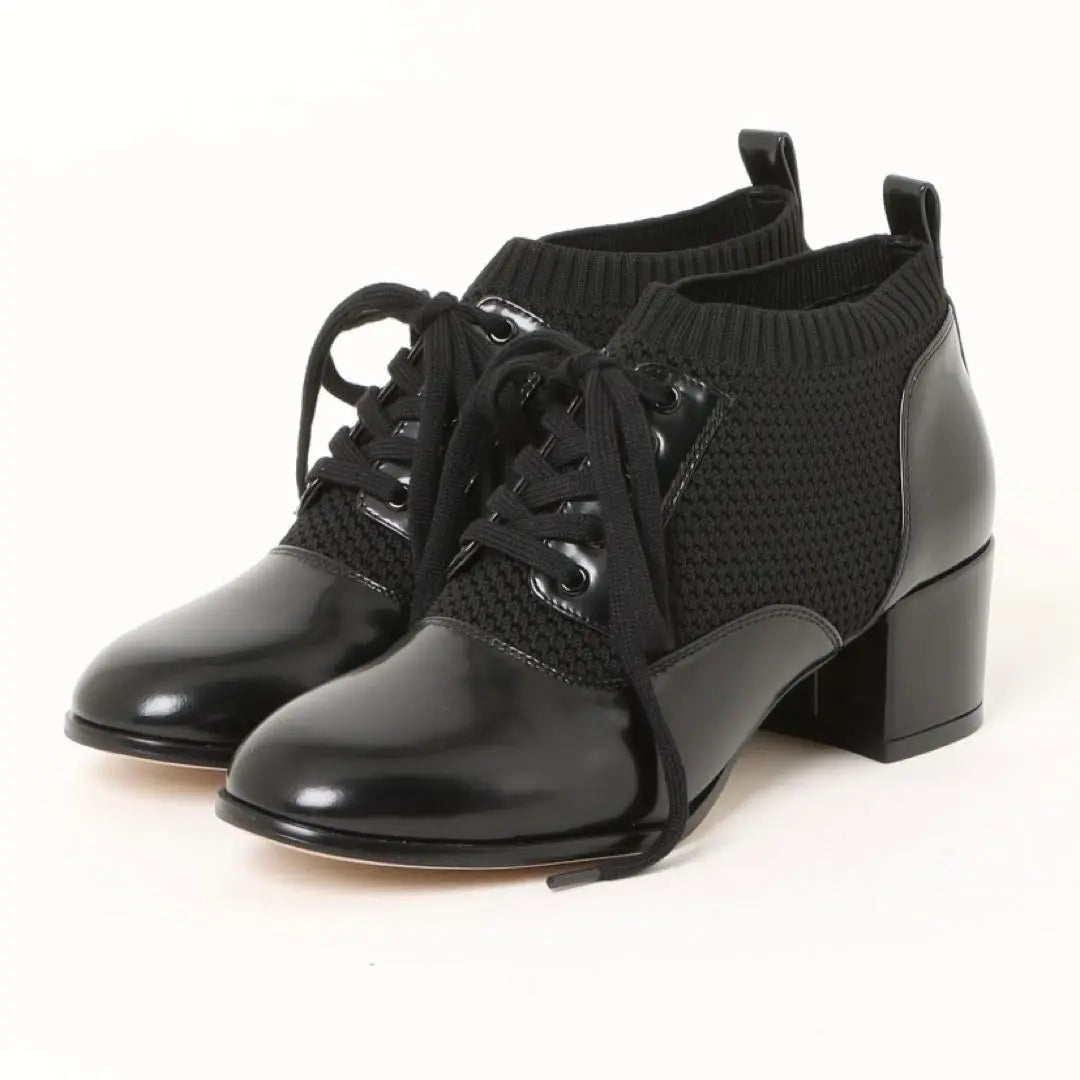 Lace-up knit shoes, black, natural leather, knit, booties, medium heel