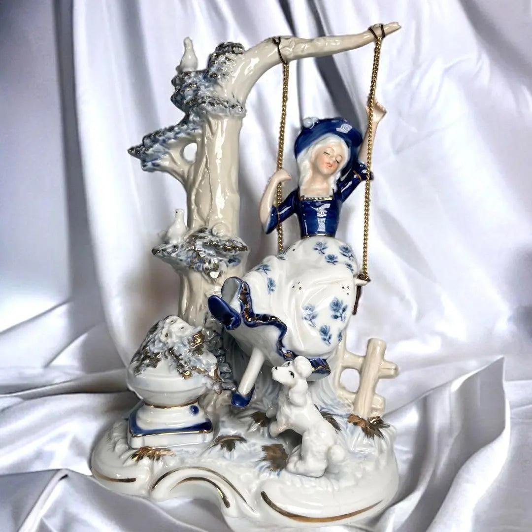 ROYAL CROWN Girl and Dog on a swing Ceramic Antique