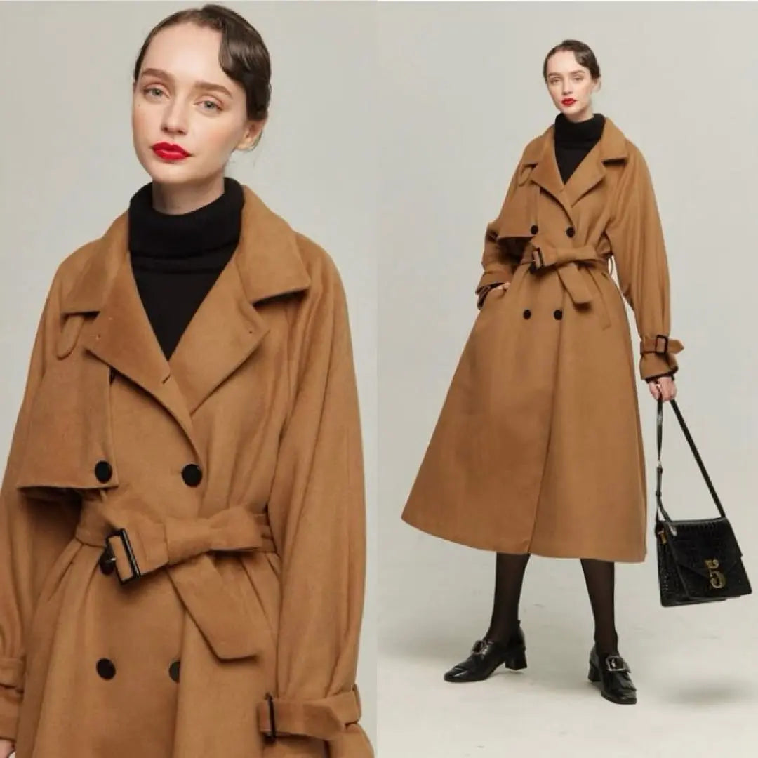 Long wool coat, turtleneck, camel brown, 2way belt