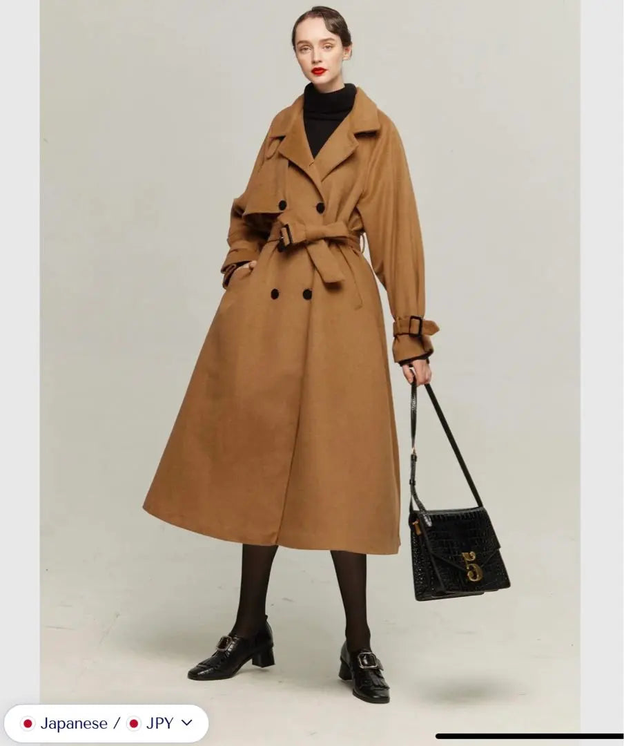 Long wool coat, turtleneck, camel brown, 2way belt