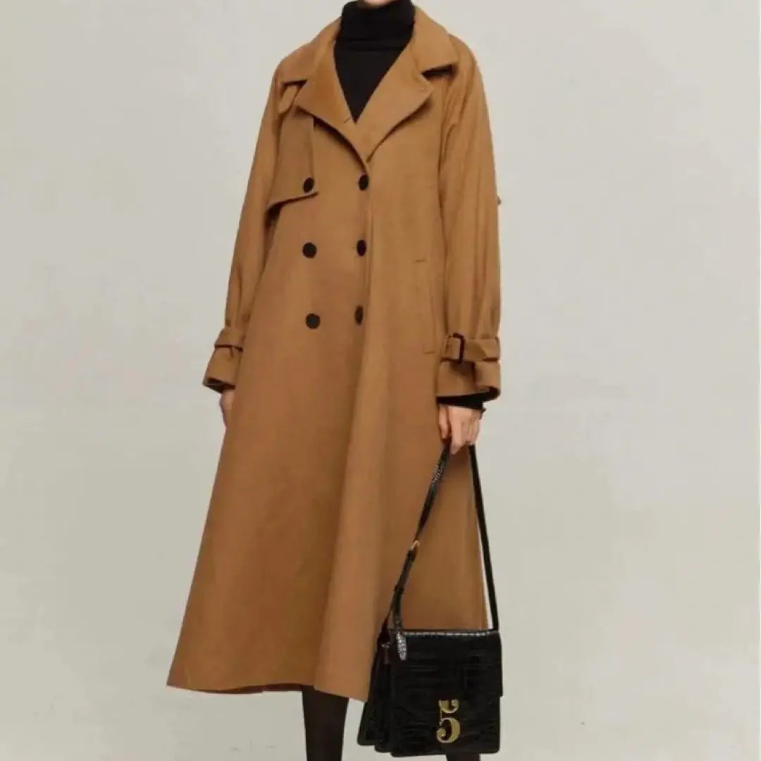 Long wool coat, turtleneck, camel brown, 2way belt