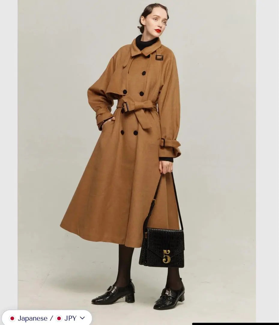 Long wool coat, turtleneck, camel brown, 2way belt