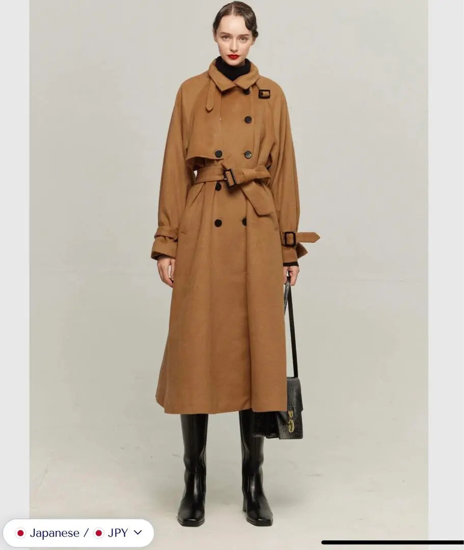 Long wool coat, turtleneck, camel brown, 2way belt