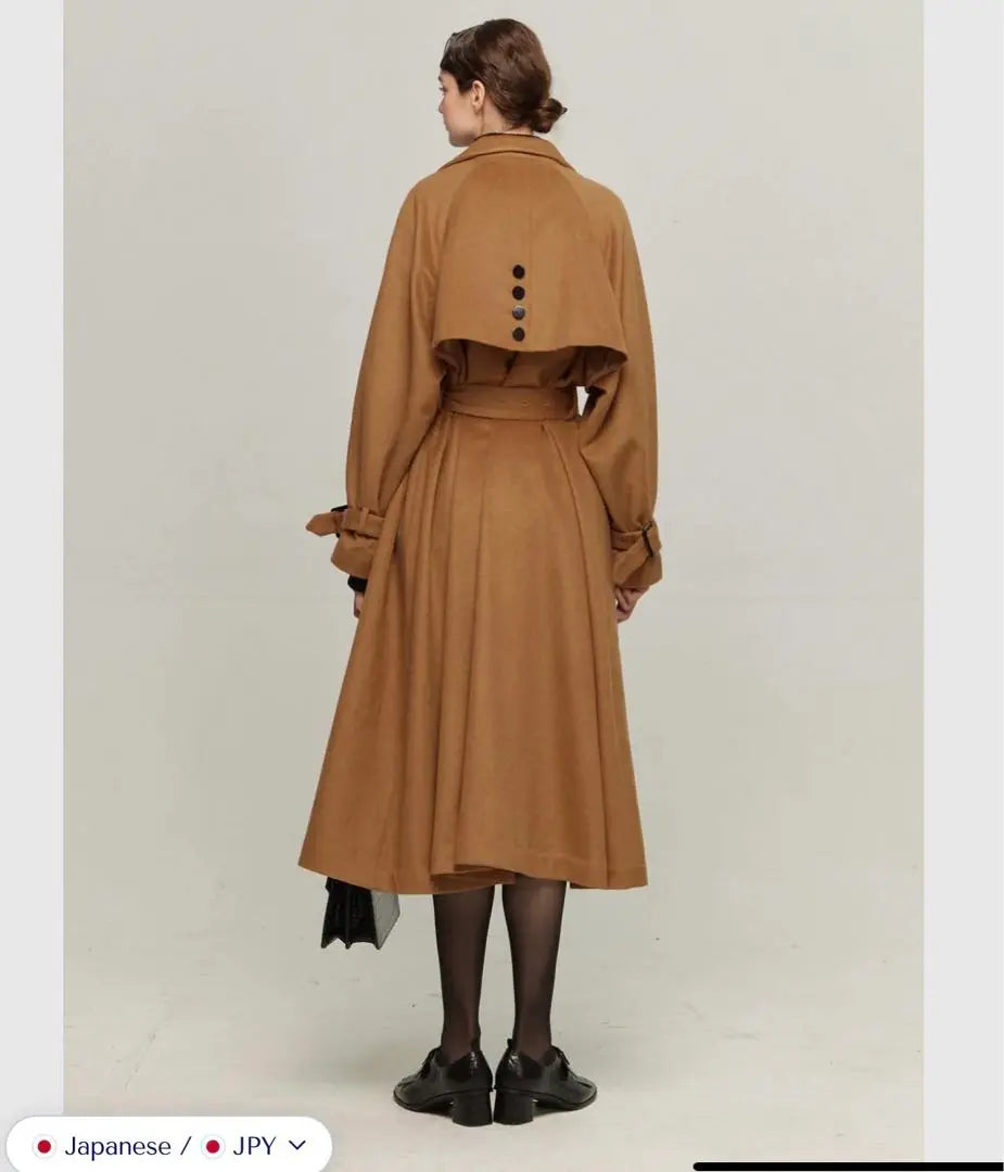 Long wool coat, turtleneck, camel brown, 2way belt