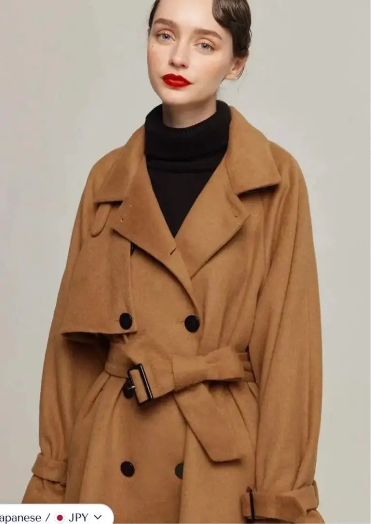 Long wool coat, turtleneck, camel brown, 2way belt