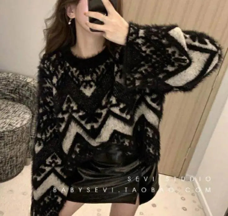 Shaggy knit mohair pullover sweater casual adult top